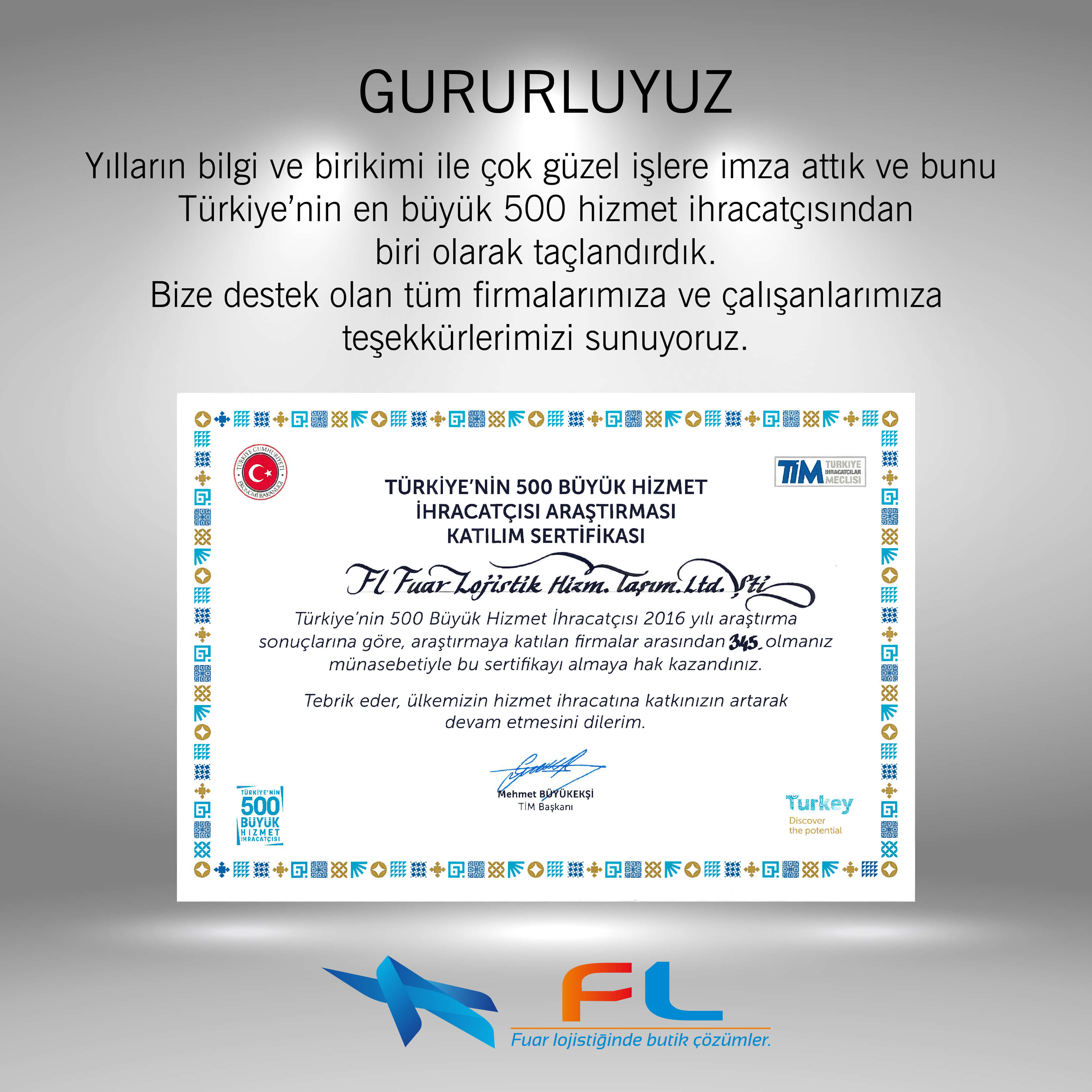 TÜRKİYE’NİN 500 BÜYÜK HİZMET İHRACATÇISI BAŞARI SERTİFİKASI - 2016